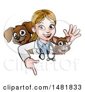 Poster, Art Print Of White Female Veterinarian Waving With A Cat And Dog Over A Sign