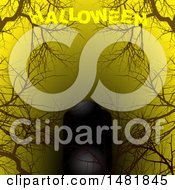 Dark Tombstone With Bare Tree Branches On Yellow With Halloween Text