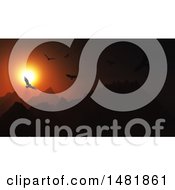 Poster, Art Print Of 3d Dark Orange Sunset With Birds Flying Over Mountains