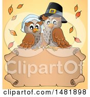 Poster, Art Print Of Thanksgiving Pilgrim Owl Couple Over A Blank Banner
