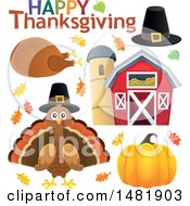 Poster, Art Print Of Happy Thanksgiving Greeting With A Pilgrim Hat Roasted Turkey Bird Barn And Pumpkin
