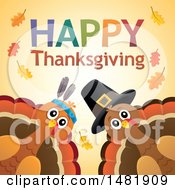 Poster, Art Print Of Happy Thanksgiving Greeting With A Native American And Pilgrim Turkey