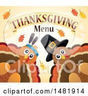 Poster, Art Print Of Pilgrim And Native American Turkeys With Thanksgiving Menu Text