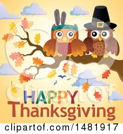 Poster, Art Print Of Thanksgiving Owls On A Branch Over Text