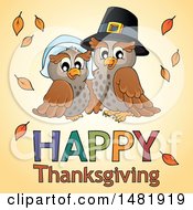 Poster, Art Print Of Pilgrim Owl Couple Over Happy Thanksgiving Text