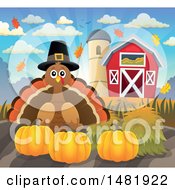 Clipart Of A Thanksgiving Pilgrim Turkey Bird With Pumpkins On A Farm Royalty Free Vector Illustration