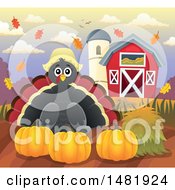 Female Thanksgiving Pilgrim Turkey Bird With Pumpkins Near A Barn