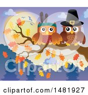 Poster, Art Print Of Thanksgiving Pilgrim And Native American Owl On A Branch