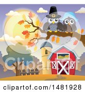Poster, Art Print Of Thanksgiving Pilgrim Owl Couple On A Fall Tree Branch Near A Barn
