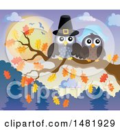 Poster, Art Print Of Thanksgiving Pilgrim Owl Couple On A Fall Tree Branch