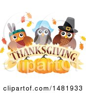 Poster, Art Print Of Group Of Thanksgiving Owls With A Banner And Pumpkins