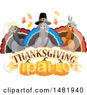 Poster, Art Print Of Group Of Thanksgiving Native And Pilgrim Turkey Birds Over A Banner And Pumpkins