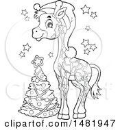 Poster, Art Print Of Cute Christmas Giraffe And Tree Black And White
