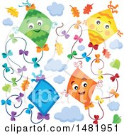 Clipart Of A Group Of Colorful Kites And Clouds With Autumn Leaves Royalty Free Vector Illustration