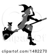 Clipart Of A Silhouetted Witch Tipping Her Hat And Flying On A Broomstick With A Cat Royalty Free Vector Illustration