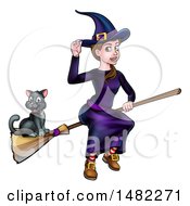 Poster, Art Print Of Witch Tipping Her Hat And Flying On A Broomstick With Her Cat