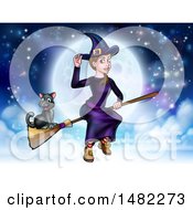 Poster, Art Print Of Witch Tipping Her Hat And Flying On A Broomstick Over A Full Moon With Her Cat