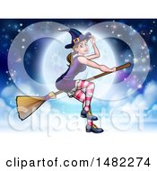 Poster, Art Print Of Witch Tipping Her Hat And Flying On A Broomstick Over A Full Moon