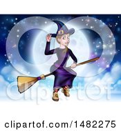 Poster, Art Print Of Witch Tipping Her Hat And Flying On A Broomstick Over A Full Moon