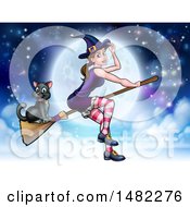 Clipart Of A Witch Tipping Her Hat And Flying On A Broomstick Over A Full Moon With Her Cat Royalty Free Vector Illustration