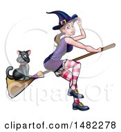 Witch Tipping Her Hat And Flying On A Broomstick With Her Cat