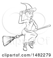 Clipart Of A Black And White Witch Tipping Her Hat And Flying On A Broomstick Royalty Free Vector Illustration