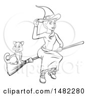 Clipart Of A Black And White Witch Tipping Her Hat And Flying On A Broomstick With Her Cat Royalty Free Vector Illustration