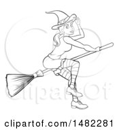 Poster, Art Print Of Black And White Witch Tipping Her Hat And Flying On A Broomstick