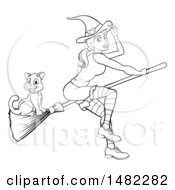 Clipart Of A Black And White Witch Tipping Her Hat And Flying On A Broomstick With Her Cat Royalty Free Vector Illustration