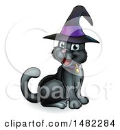 Clipart Of A Happy Black Cat Wearing A Witch Hat And Sitting Royalty Free Vector Illustration by AtStockIllustration