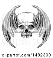 Black And White Woodcut Etched Or Engraved Winged Skull