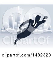 Poster, Art Print Of Black And White Silhouetted Super Businesss Man Flying Near A City