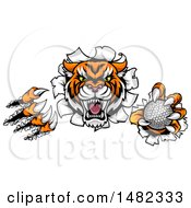 Poster, Art Print Of Vicious Tiger Mascot Slashing Through A Wall With A Golf Ball
