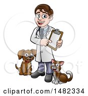 Poster, Art Print Of Cartoon Happy May Veterinarian Holding A Chart And Standing With A Dog And Cat