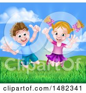 Poster, Art Print Of Cartoon Happy Excited Caucasian Boy And Girl Jumping Outdoors
