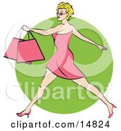 Pretty Blond Woman With Short Hair Taking Long Strides And Carrying Shopping Bags Clipart Illustration