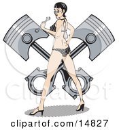 Sexy Brunette Woman In A Black And White Polka Dot Bikini And High Heels, Holding A Wrench And Looking Back While Standing In Front Of A Piston Clipart Illustration by Andy Nortnik #COLLC14827-0031