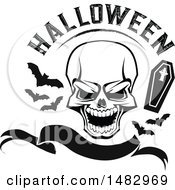 Poster, Art Print Of Skull With Halloween Text Bats And A Coffin Over A Banner