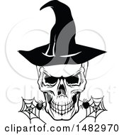 Clipart Of A Halloween Skull Wearing A Witch Hat With Spiders And Webs Royalty Free Vector Illustration