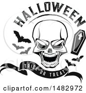 Poster, Art Print Of Skull With Halloween Text Bats And A Coffin Over A Trick Or Treat Banner