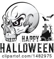 Clipart Of A Skull With Happy Halloween Text And A Tombstone Royalty Free Vector Illustration