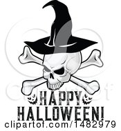 Poster, Art Print Of Halloween Skull Wearing A Witch Hat Over Happy Halloween Text