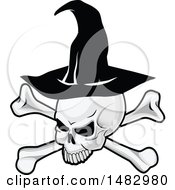 Poster, Art Print Of Halloween Skull And Crossbones Wearing A Witch Hat
