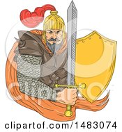Poster, Art Print Of Sketched Medieval Knight Holdig A Sword And Shield