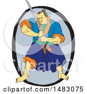 Poster, Art Print Of Sketched Samurai Warrior Holding A Katana In An Oval