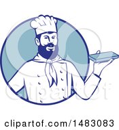 Clipart Of A Hipster Chef Holding Chocolate In A Blue Circle Royalty Free Vector Illustration