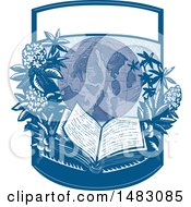 Poster, Art Print Of Globe With Rhododendron Flowers And An Open Book In A Crest