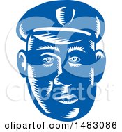 Poster, Art Print Of Blue Woodcut Police Mans Face