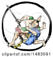 Poster, Art Print Of Scene Of Samurai Warrior Jui Jitsu Judo Fighting In Sketched Tattoo Style