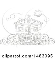 Clipart Of A Black And White Two Story Home Facade On A Sunny Day Royalty Free Vector Illustration